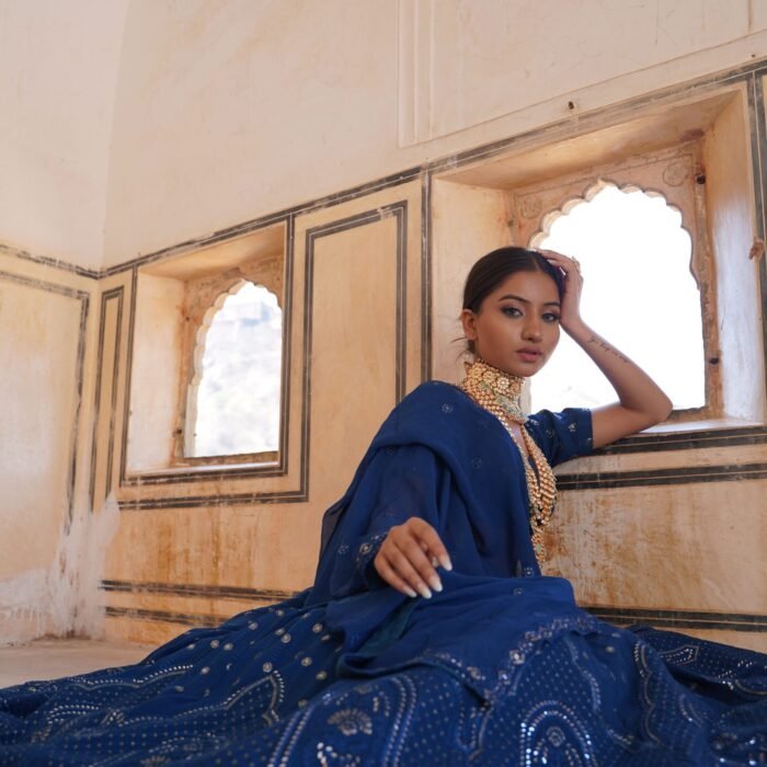 ⁠Blue embroidery choli with lehenga and sequin duppata