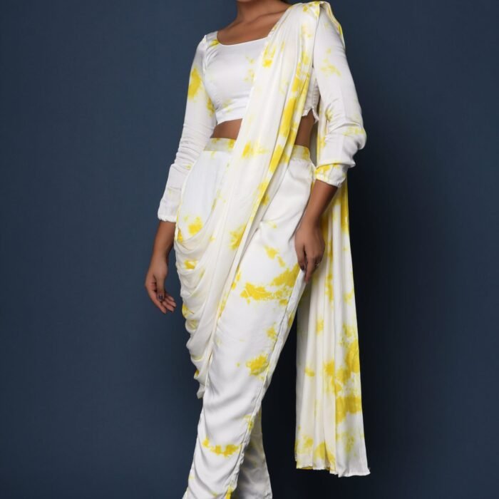 yellow co ord silk tie & dye pre draped with blouse