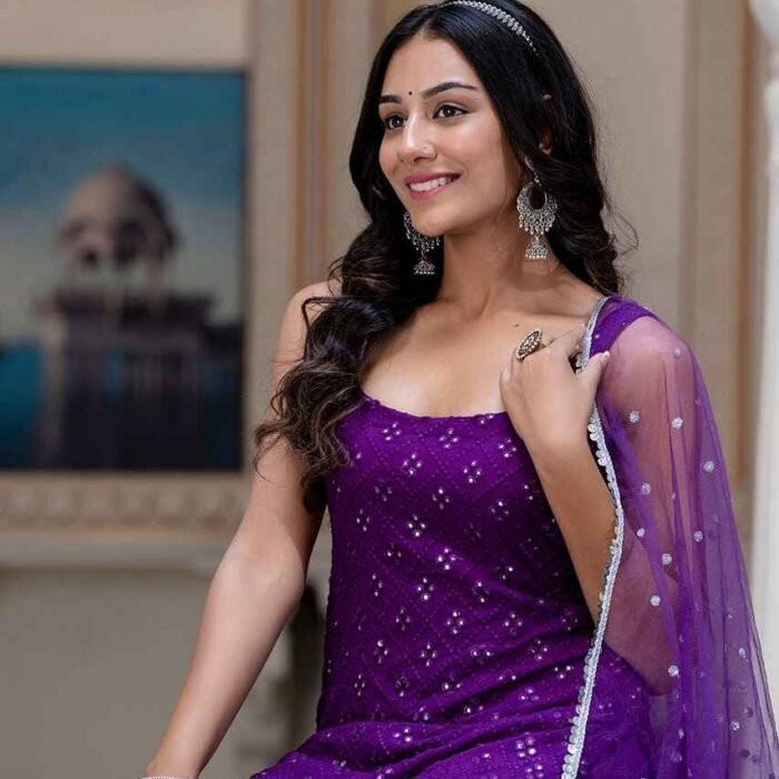 Purple mirror work chikankari sharara set