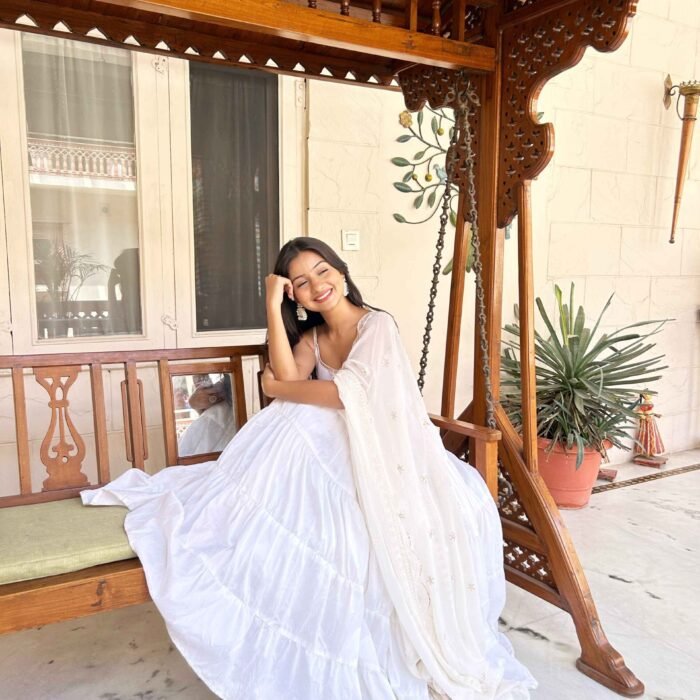 white cotton silk Anarkali floor length