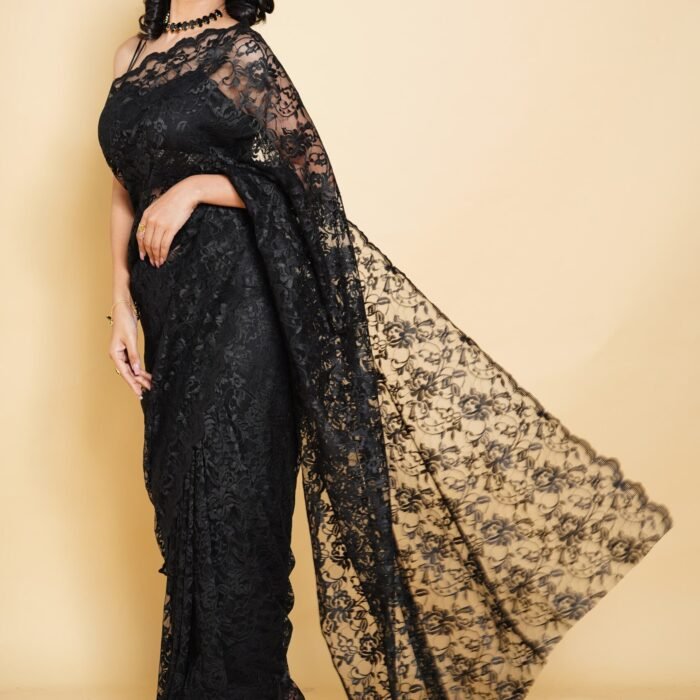 Black Net Saree With Floral Threadwork And Unstitched Blouse Piece