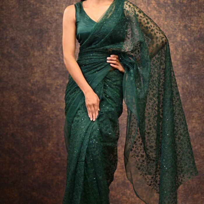 Green Soft net Saree In Thread Embroidery With Blouse