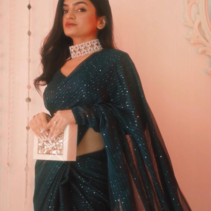 Teal blue crochet Georgette saree