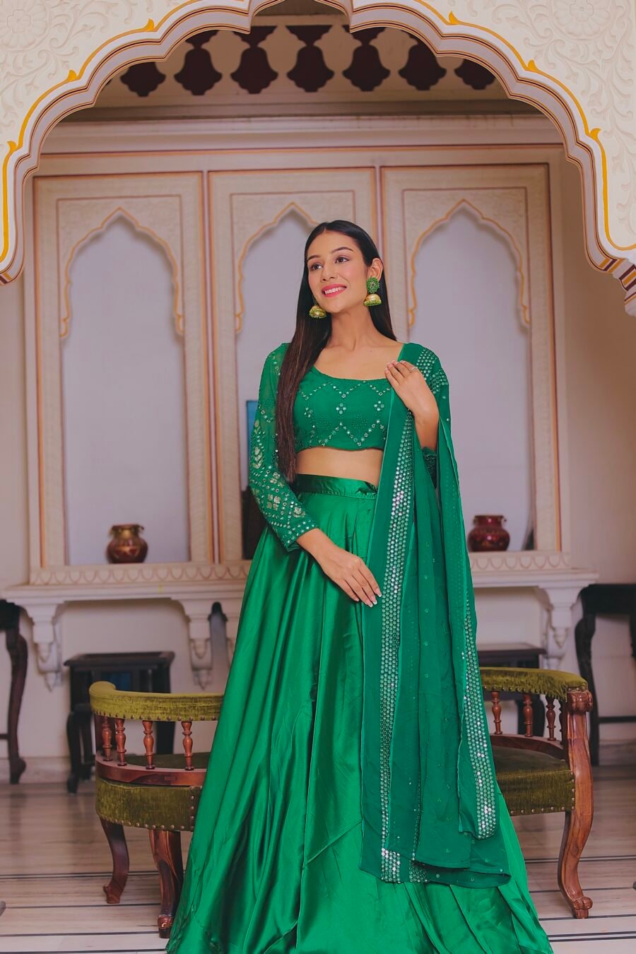 Silk Satin Plain Lehenga Set With Border Dupatta