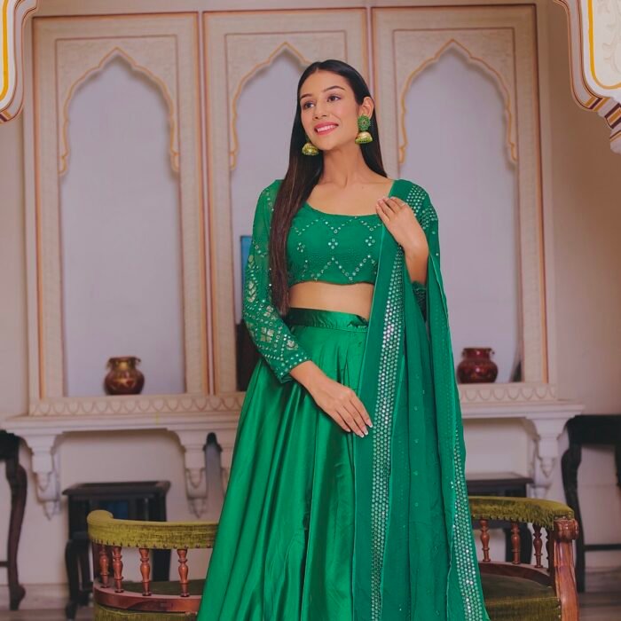 Satin silk embroidery blouse with lehenga set and mirror duppata