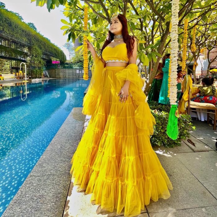 Yellow ruffle organza lehenga set