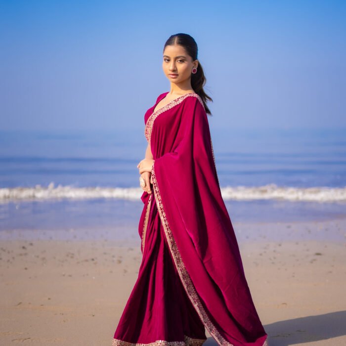Wine velvet saree with zari boader with blouse