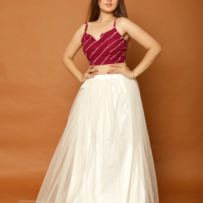 Purple tie and dye leheriya blouse & soft net lehenga set