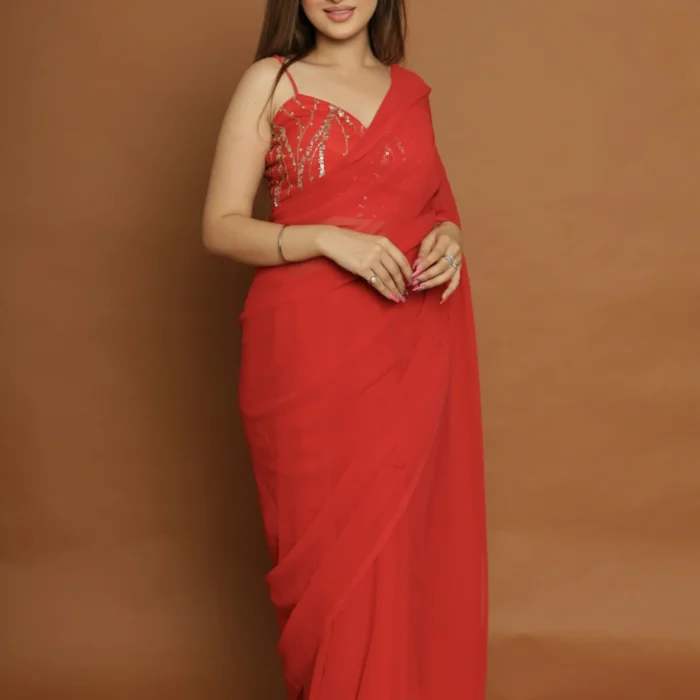 Laevachi Signature Plain Drape  Red classic Gergotte saree with blouse