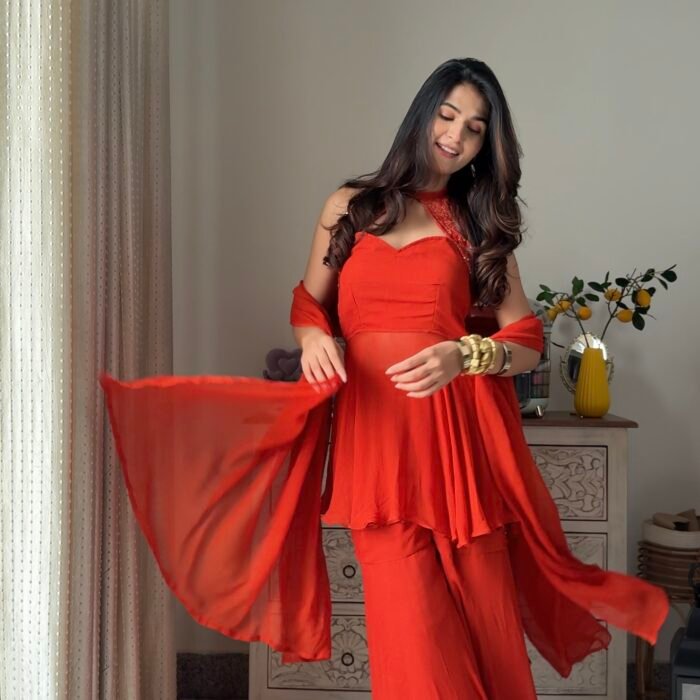 Rust Kurta set with embroidery work with duppata