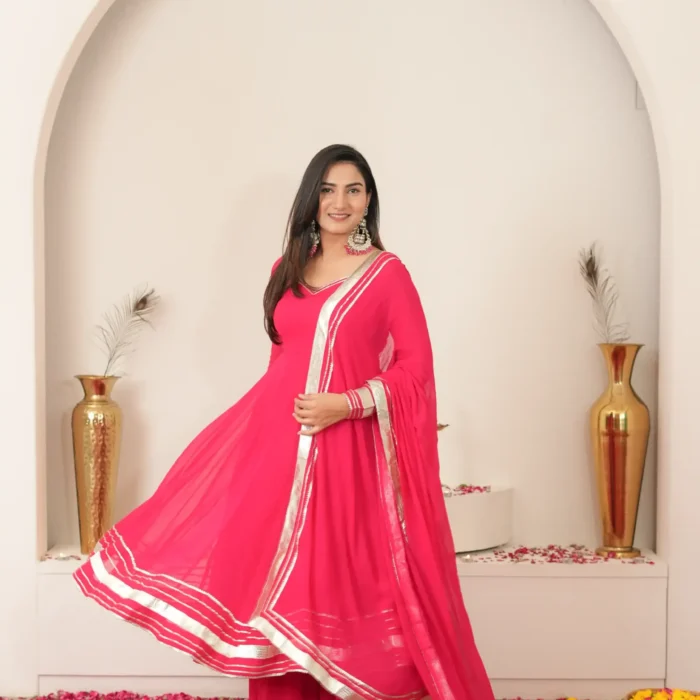Pink Gergotte Lace Anarkali Dupatta Suit