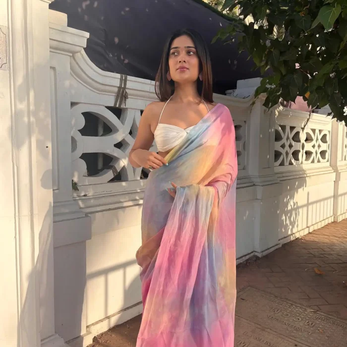 Pink and Blue Multi Shaded Saree In Chinnon With Unstitched Blouse Fabric