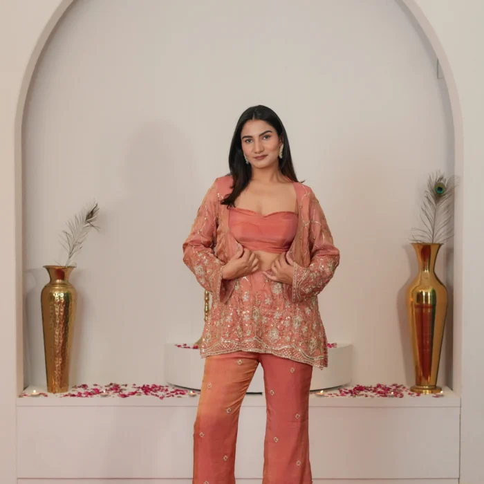 Peach Tissue embellished Co-Ord Set