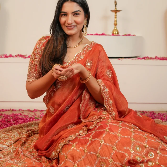 Rust Orange Hand-Embroidered Tissue Lehenga Set