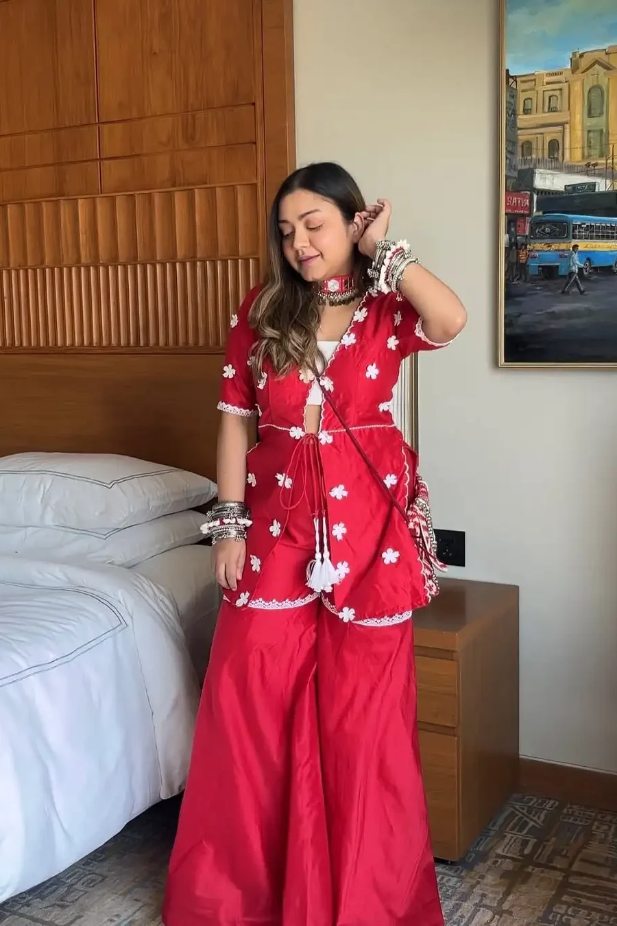 Red cotton co-ord set featuring a non-padded kurta Paired with matching pants for a coordinated look.