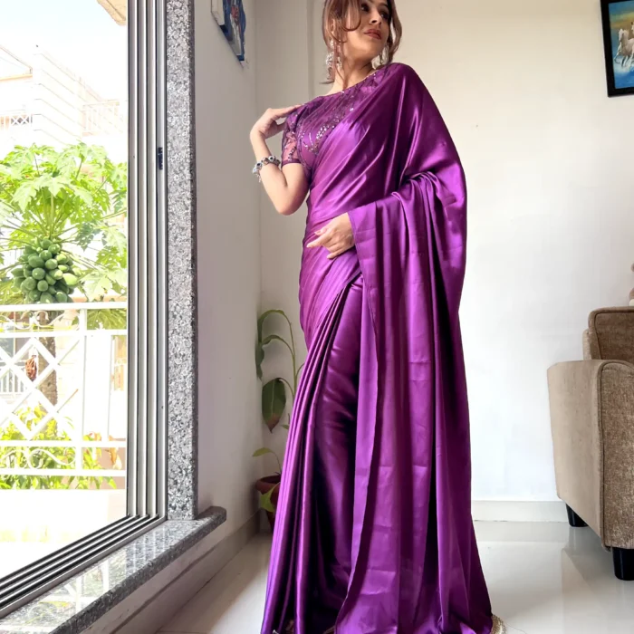 Purple Satin Saree With  Blouse