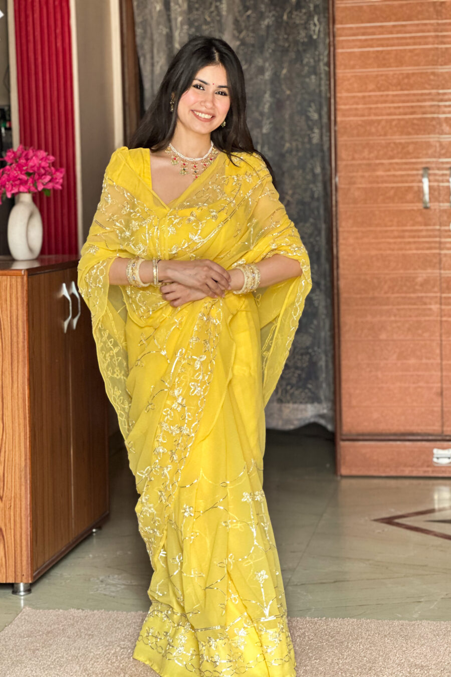 Yellow Chiffon Gotta Patti Saree with Blouse | Handcrafted Festive Wear