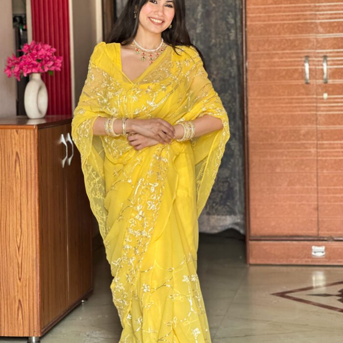 Yellow Chiffon Gotta Patti Saree with Blouse | Handcrafted Festive Wear