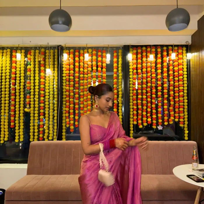 Plain pink tissue saree featuring mukesh embroidered blouse