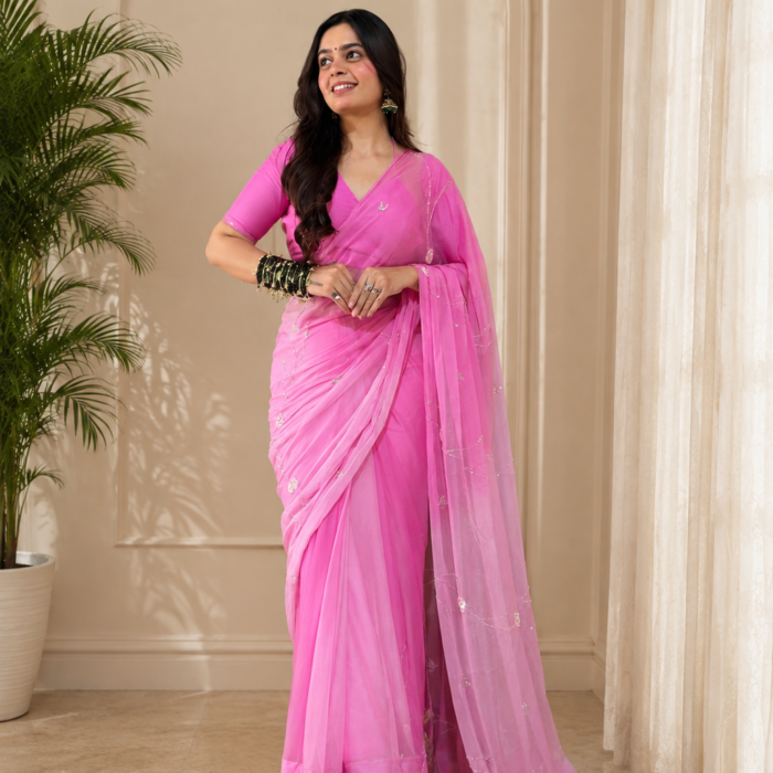 Blush Pink Ombre Chiffon Saree With Blouse Piece