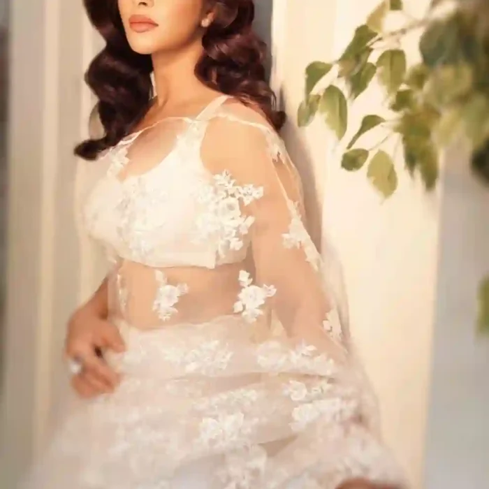 Off White Net Pearls, Sequins Embroidered Ivory net Saree With Blouse