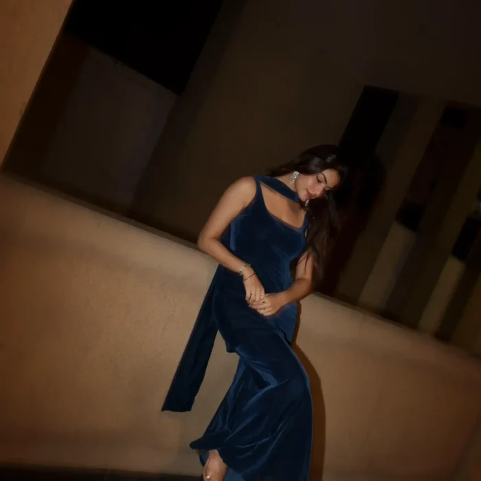 Navy Blue Velvet Kurti Set with Straight Sharara & Dupatta