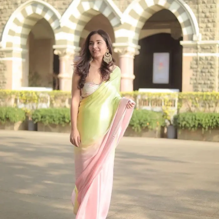 Pink and yellow Ombre Shaded Saree In Chinnon With Unstitched Blouse Fabric