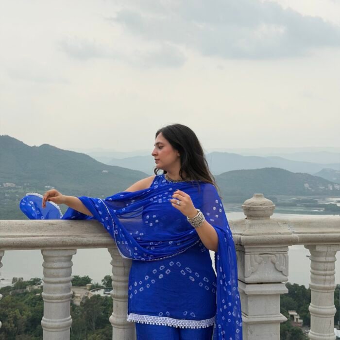Royal Blue Bandhej Suit Set With Duppata