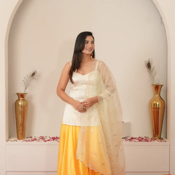 White Embroidered Kurta With Yellow Skirt & Dupatta Set