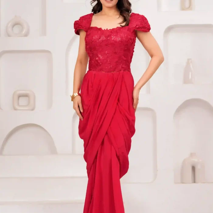 RED DRAPED CORSET GOWN WITH 3D FLORALS