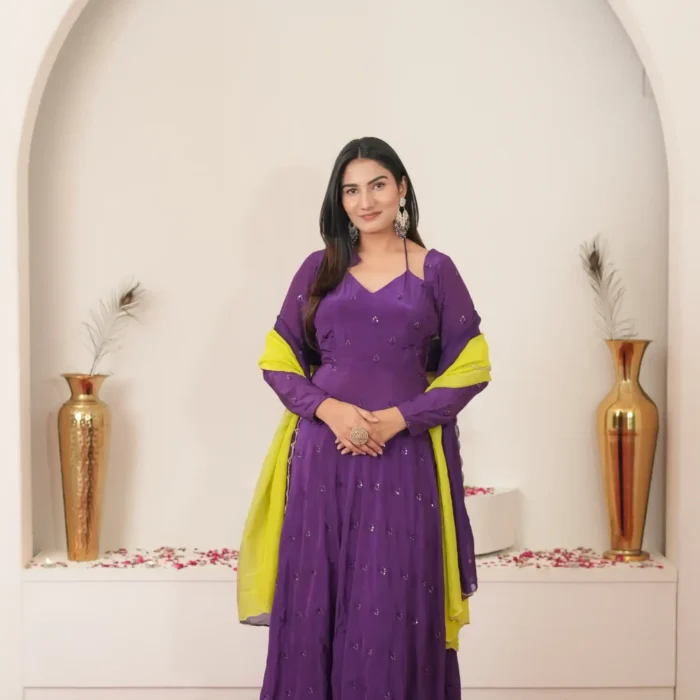 Jamuni purple Anarkali kurta with cutdana lime green double shaded duppata