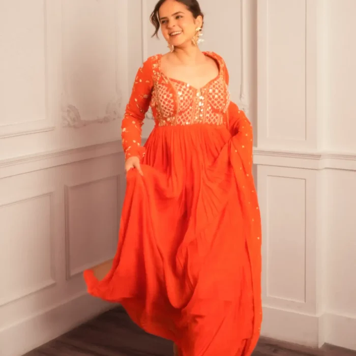 Rang Mahal orange Cutdana Anarkali Set with Dupatta