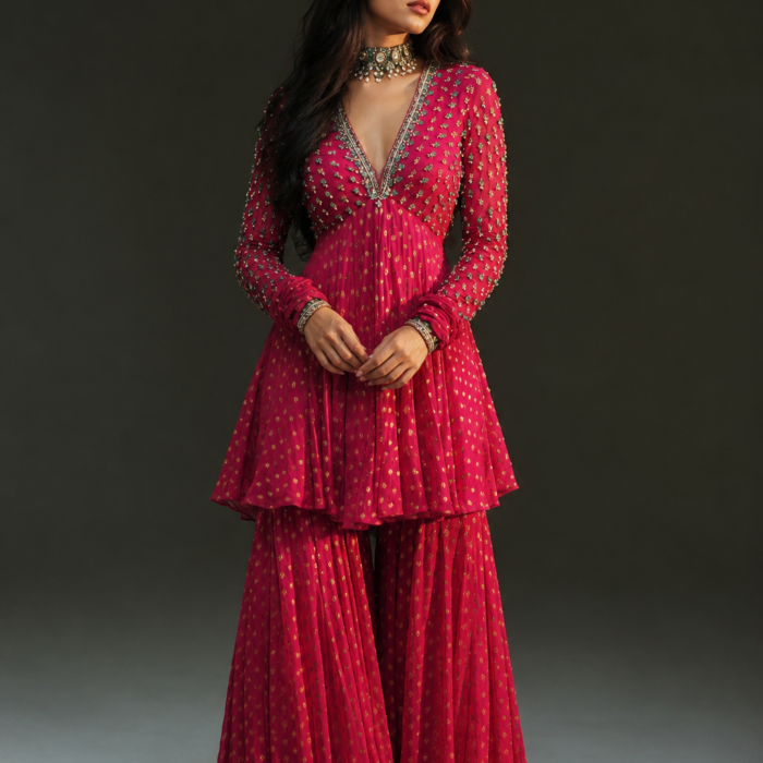 Fuchsia Pink Hand Embroidery Stones Work Sharara Set