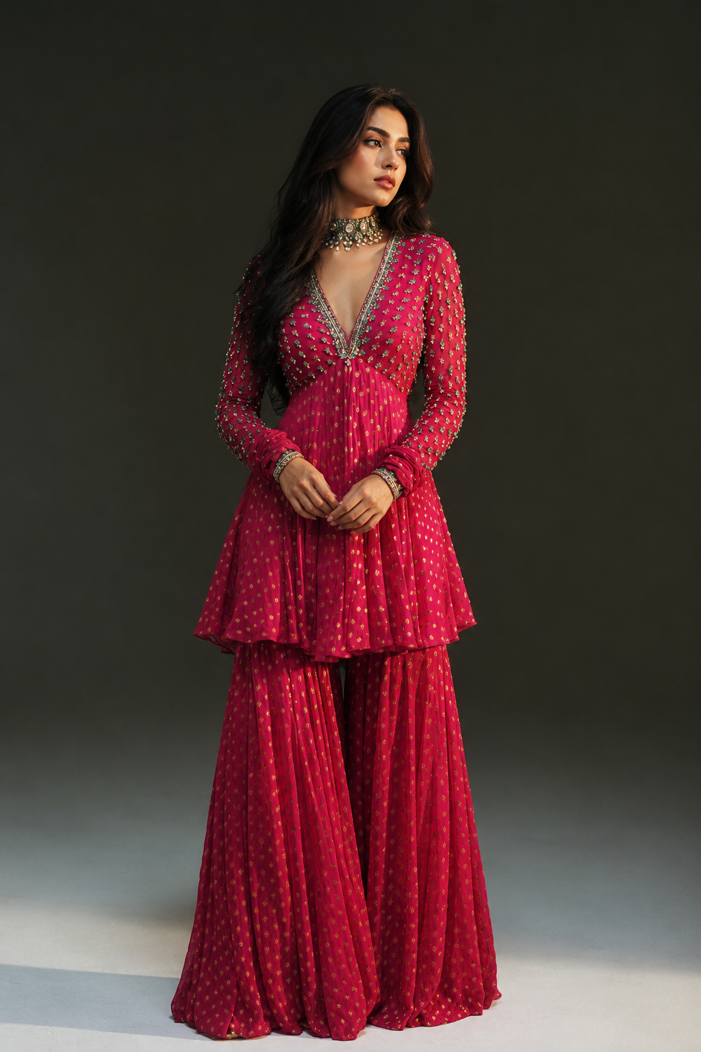 Fuchsia Pink Hand Embroidery Stones Work Sharara Set
