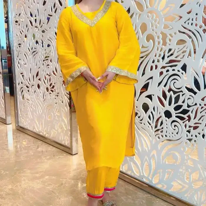 Yellow Embroidery V-neck Upada Kurta And Pant Set
