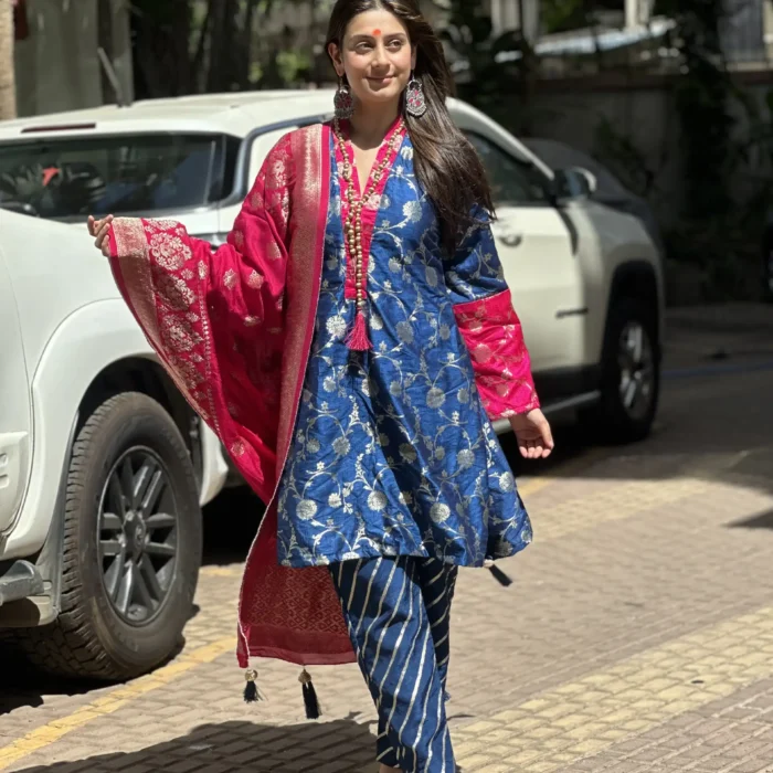 Blue and pink Banarasi silk floral kurta set