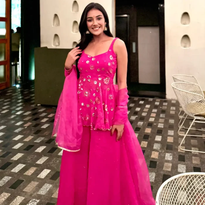 Pink Embroidered Short Kurta With Sharara And Dupatta