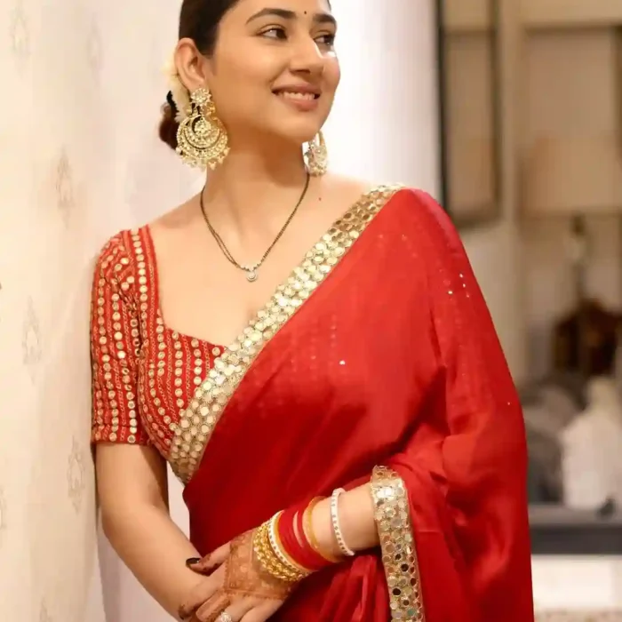 Red silk saree with Gergotte Mirrorwork blouse