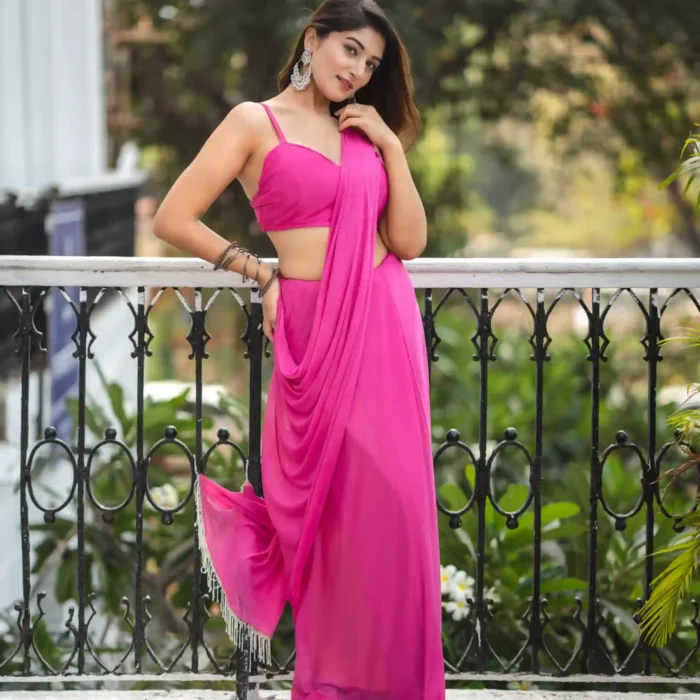 Bright Pink Shimmer Saree with  Effect & Tassel Pallu