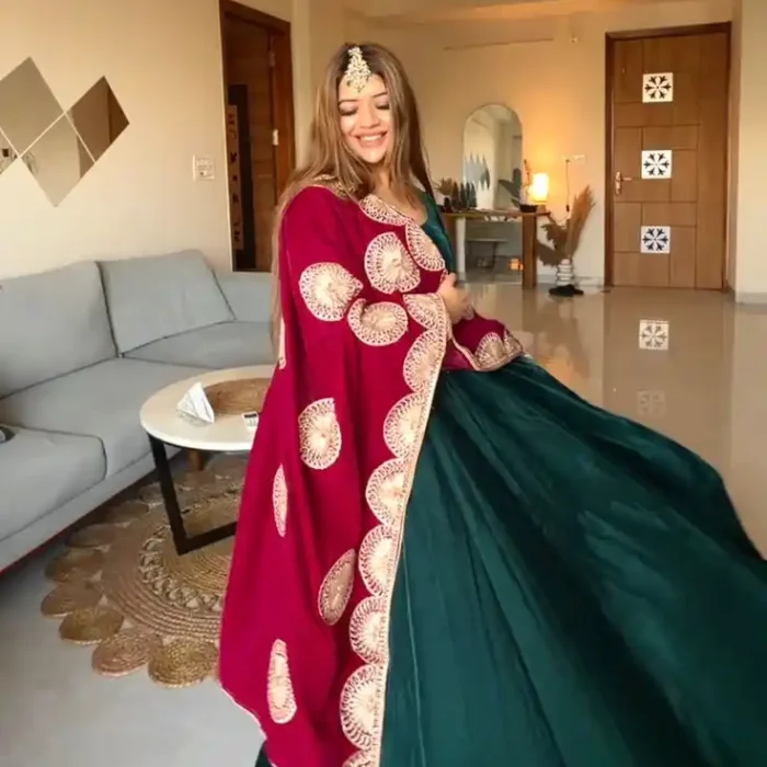 velvet anarkali gown with gota pati Duppata