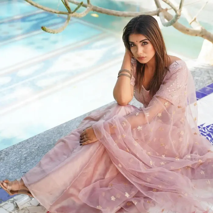 mauve soft Net Hand Embroidered Sequins blouse with organza lehenga & duppata